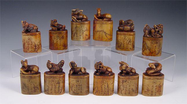 Appraisal: SET OF CHINESE SOAPSTONE CARVINGS Representing the animals of the