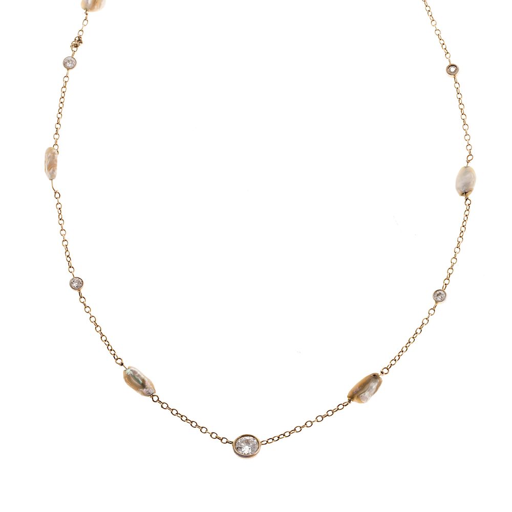 Appraisal: A K Diamond Freshwater Pearl Station Necklace K yellow gold