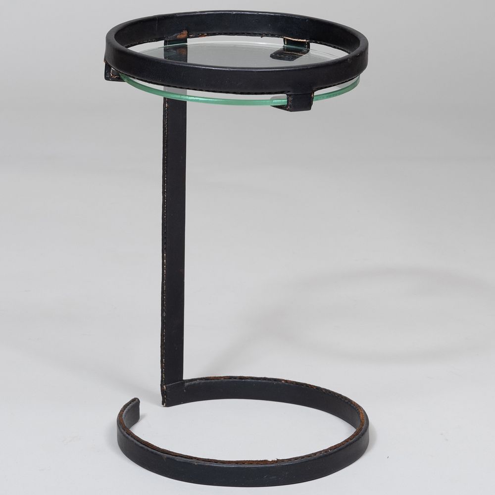 Appraisal: Jacques Adnet Small Leather Covered Glass Top Table x in