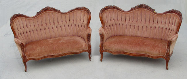 Appraisal: MATCHED PAIR VICTORIAN LOVE SEATS Measures '' high x ''