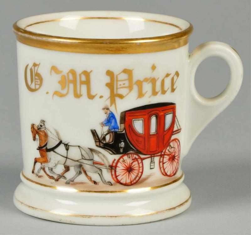 Appraisal: Double Horse-Drawn Enclosed Carriage Shaving Mug Description Gilt name C