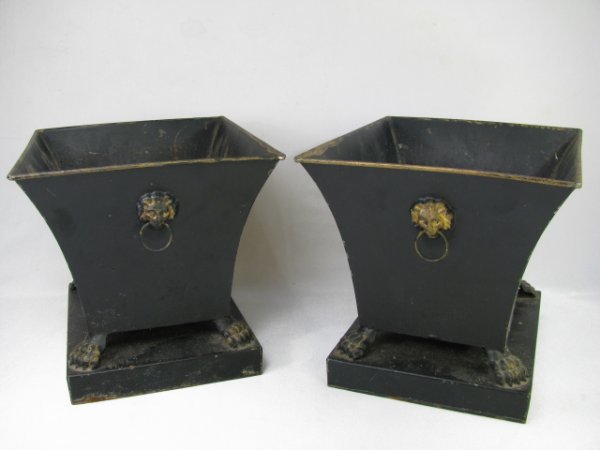 Appraisal: Pair of French Tole black painted planters with lions claw