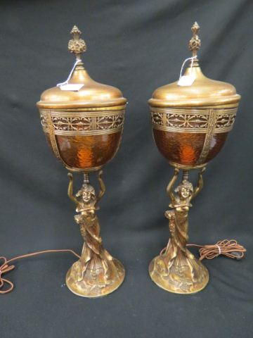 Appraisal: Pair of Bronzed Figural Art Nouveau Lamps maiden holding up