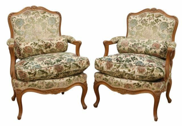 Appraisal: pair French Louis XV style fruitwood armchairs th c carved