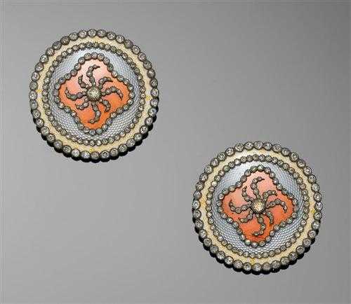 Appraisal: PAIR OF ENAMEL AND DIAMOND CLIP BROOCHES probably Russia ca