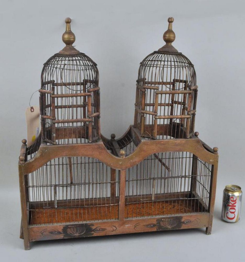 Appraisal: Antique Wood Wire Double Domed Bird Cage with turned finials