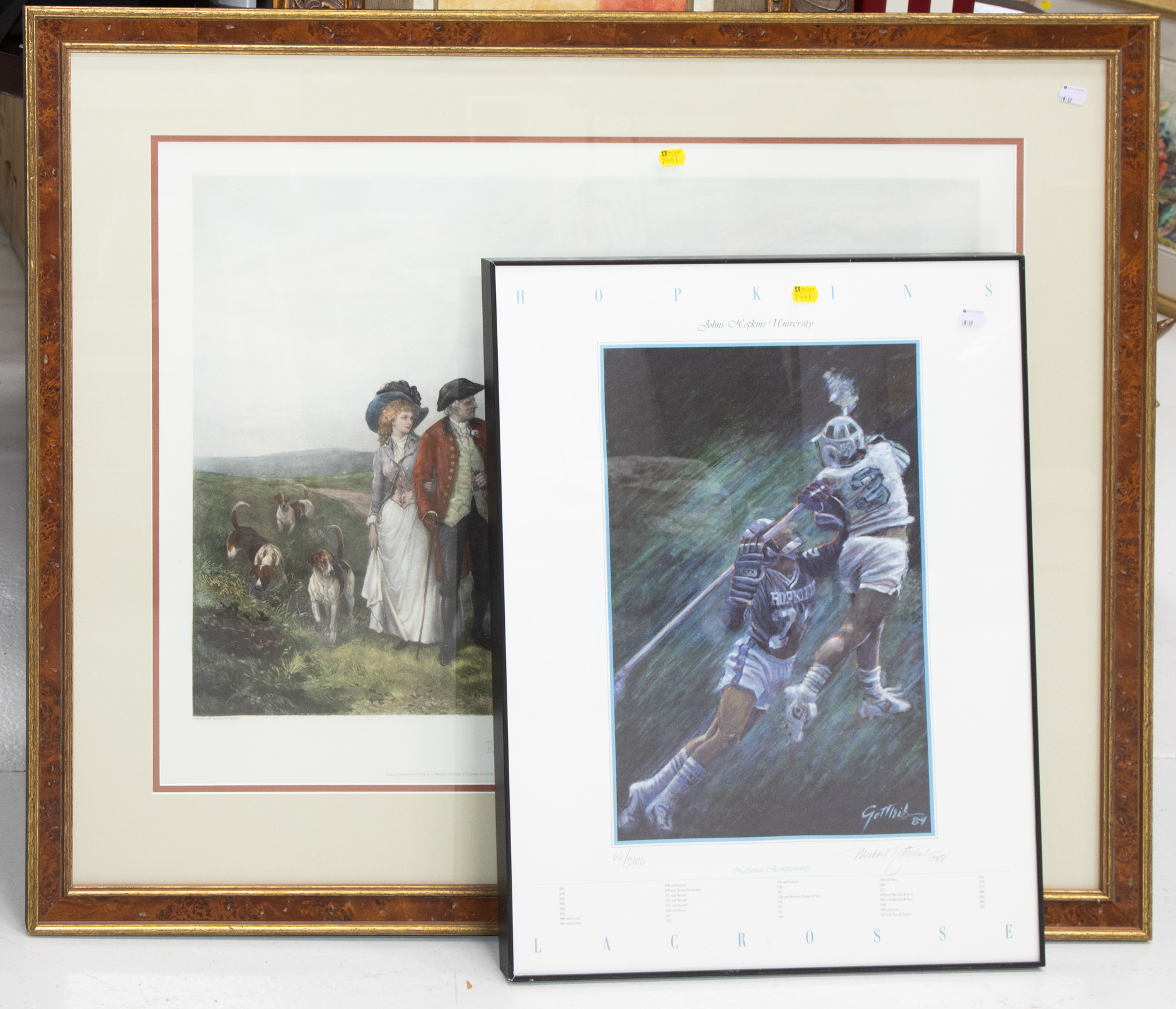 Appraisal: THREE DECORATIVE FRAMED PRINTS Including Love's Barrier after Heywood Hardy