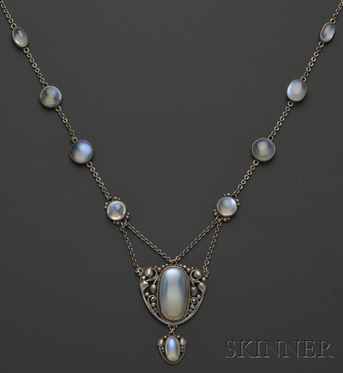 Appraisal: Arts Crafts Silver and Moonstone Necklace F G Hale bezel-set