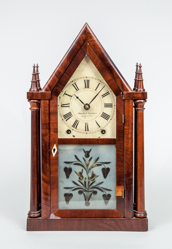 Appraisal: GOTHIC REVIVAL MAHOGANY STEEPLE CLOCK BREWSTER INGRAHAM With pendulum and