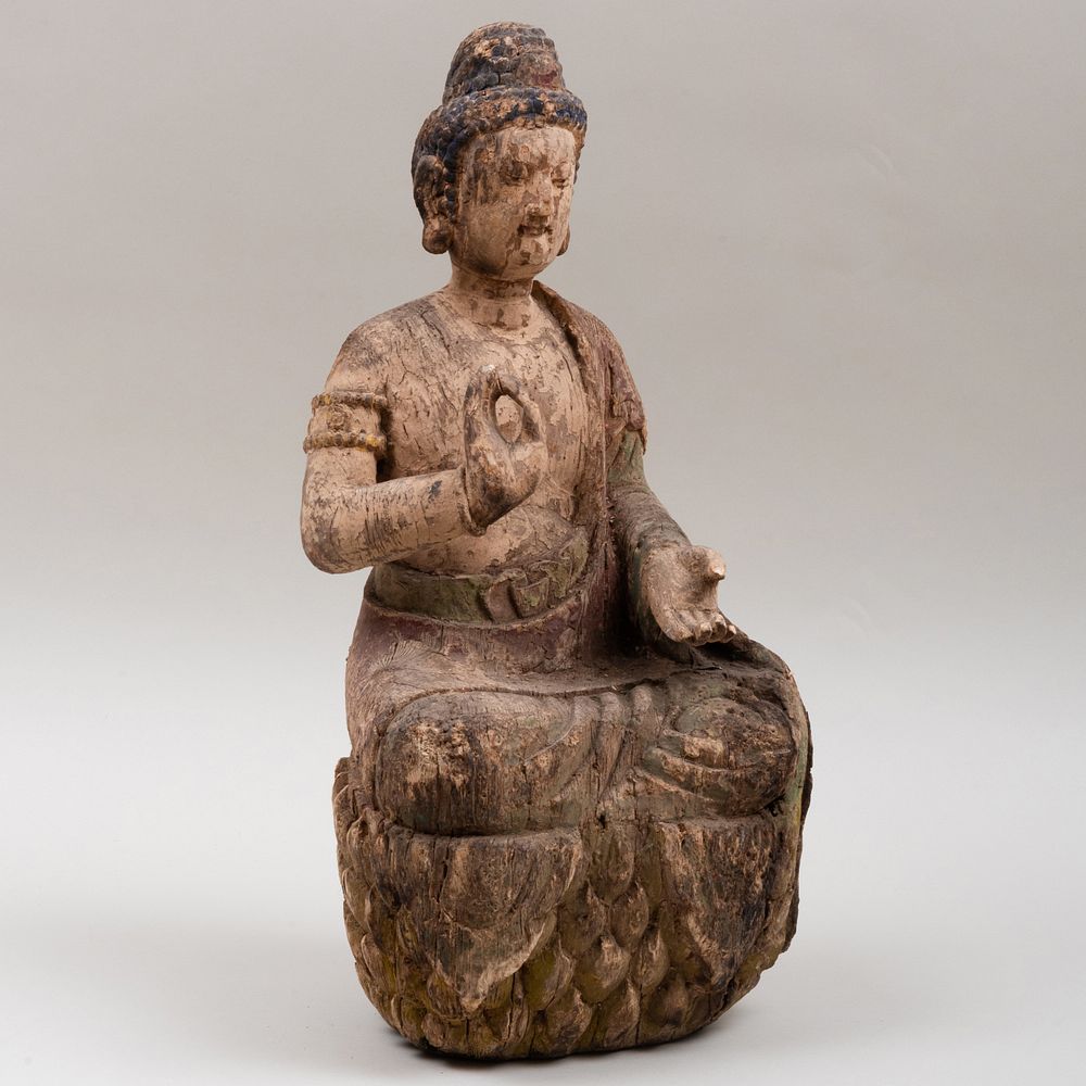 Appraisal: Asian Polychromed Wood Figure of Seated Buddha x x in