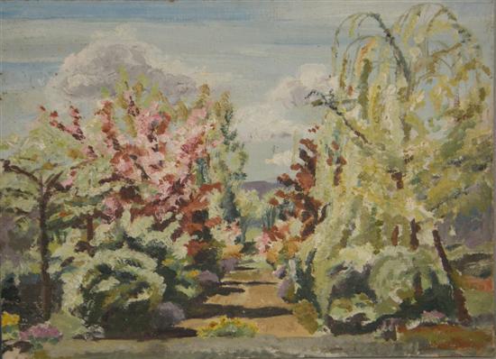 Appraisal: View along a garden avenue unsigned oil on canvas board