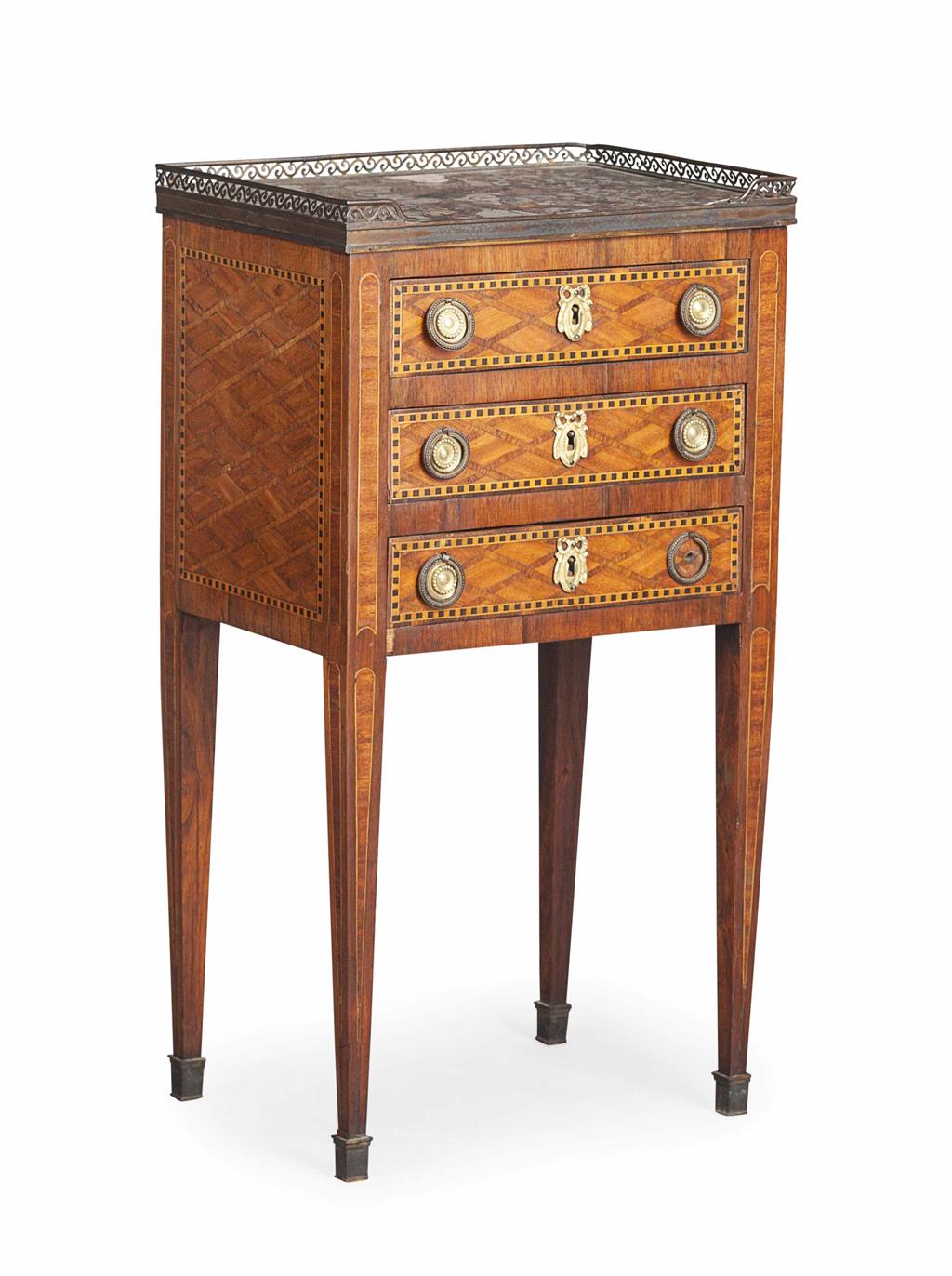 Appraisal: FRENCH KINGWOOD AND PARQUETRY MARBLE TOP SIDE TABLE TH CENTURY