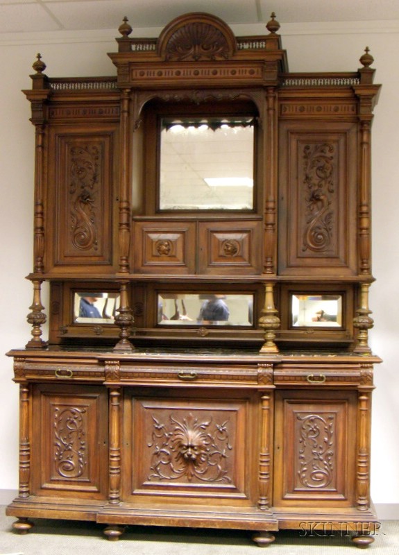 Appraisal: Large Italian Renaissance Style Carved Walnut Mirrored Marble-top Two-Part Sideboard