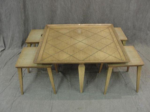 Appraisal: Midcentury Coffee Table with Fitted Low Stools Stamped with butterflies