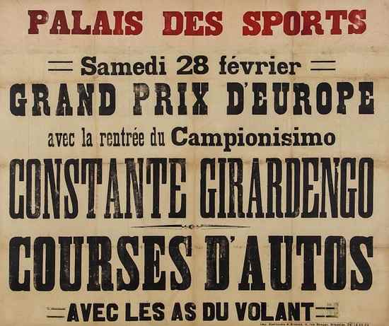 Appraisal: ANONYMOUS GRAND PRIX D'EUROPE Courses d'autos lithograph in colours cond