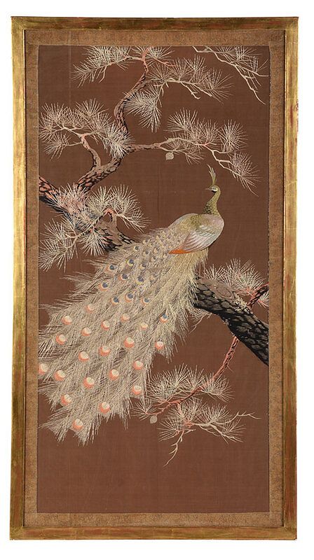 Appraisal: Large Japanese Silk Peacock Embroidery th century peacock in full