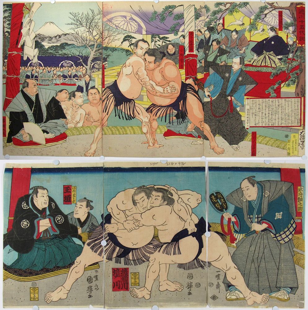 Appraisal: YOSHITOSHI Tsukioka The Sumo Bout Together with Another Sumo Triptych