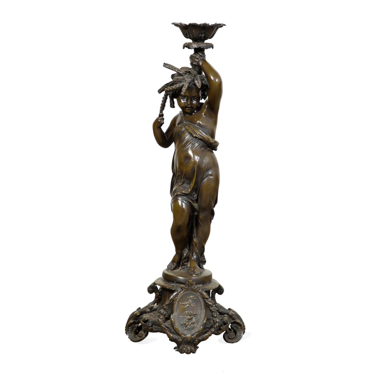 Appraisal: BRONZE ALLEGORICAL DAY FIGURAL LAMP BASE Possibly Continental allegorical bronze