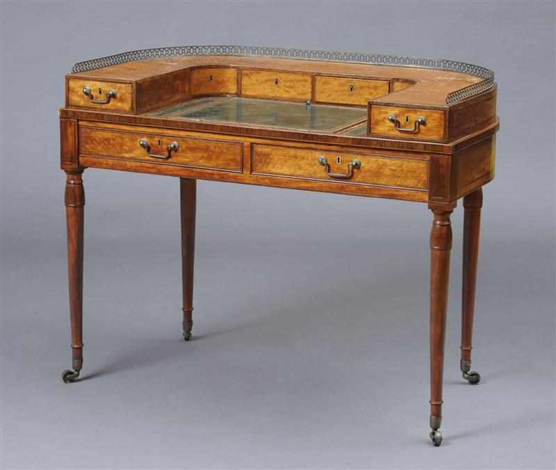 Appraisal: GEORGE III INLAID SATINWOOD DIMINUTIVE CARLTON HOUSE DESK The D-shaped