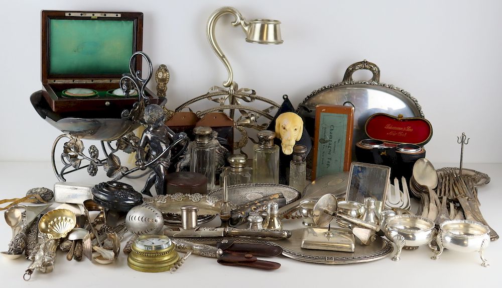 Appraisal: SILVER Assorted Grouping of Silver Objets d'Art Includes a leather