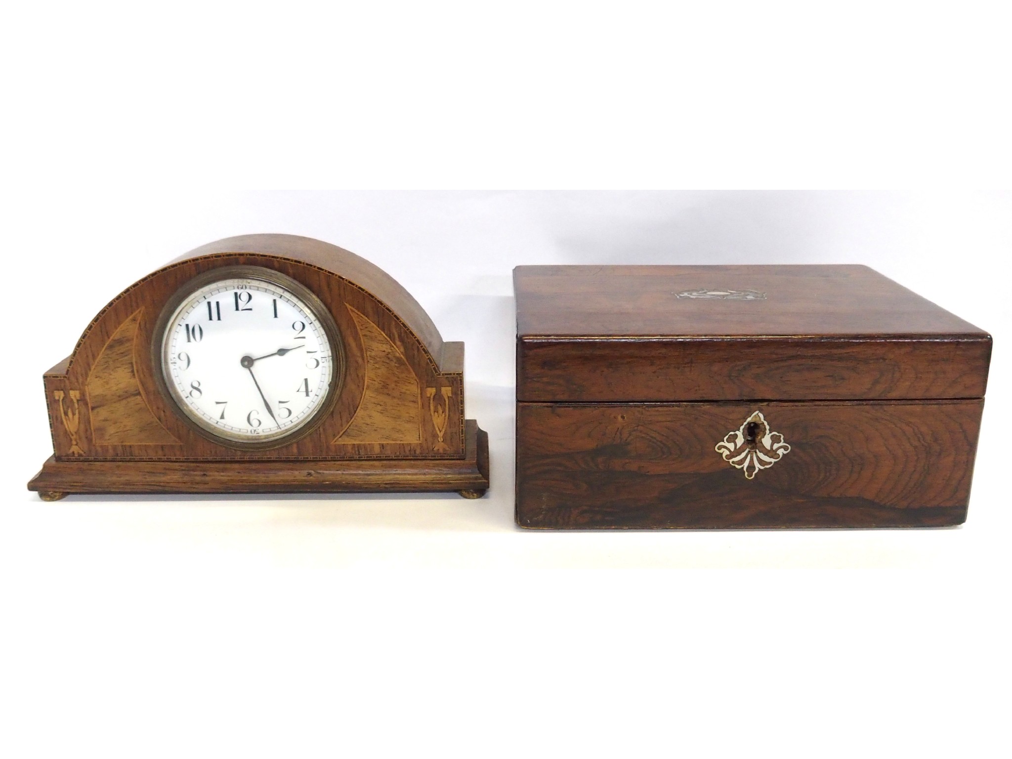 Appraisal: An Edwardian inlaid mantel clock and a fitted sewing box