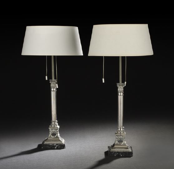 Appraisal: Pair of French Silverplate Candlestick Table Lamps of columnar form