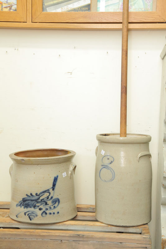 Appraisal: STONEWARE GROUP CROCK WITH COBALT BIRD BUTTER CHURN WITH LID