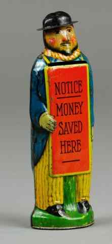 Appraisal: MAN WITH SAVE MONEY HERE SIGN STILL BANK Lithographed tin