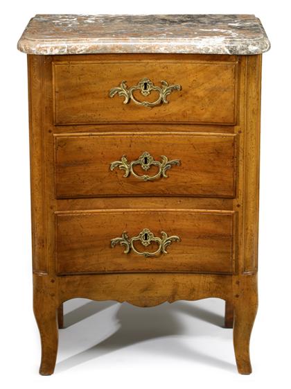 Appraisal: Pair of Louis XV style marble top fruitwood commodes The