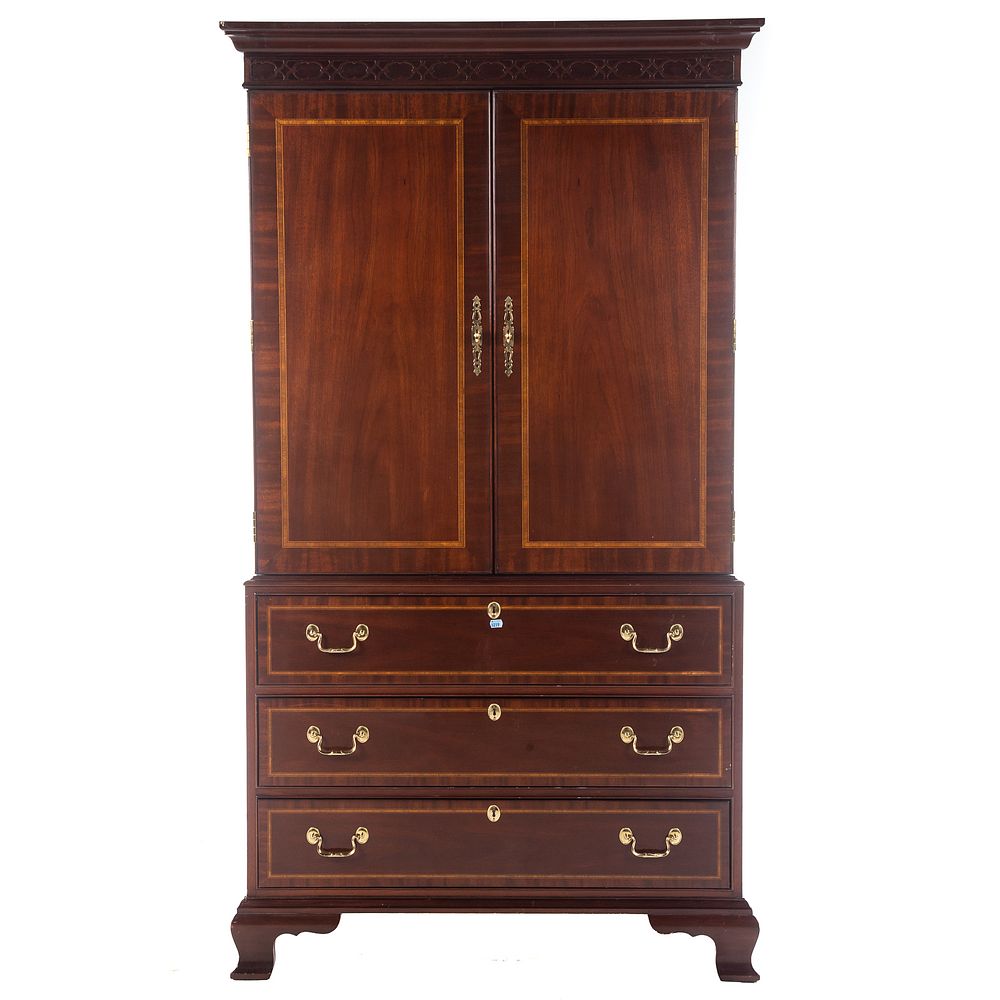 Appraisal: Councill Craftsman Mahogany Banded Linen Press Molded cornice with Chippendale