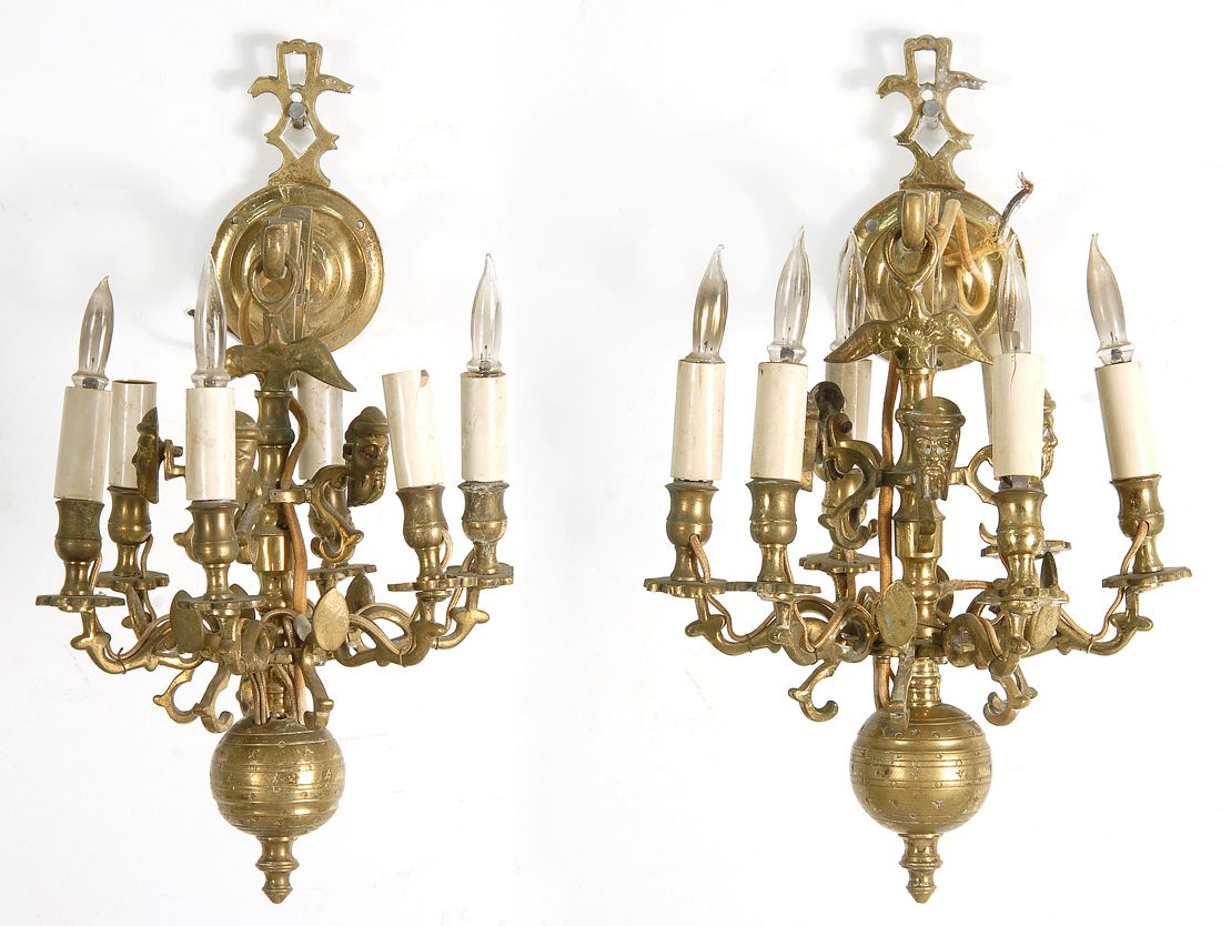 Appraisal: PAIR OF BRASS SIX-SOCLE HALL LAMPS First Half of the