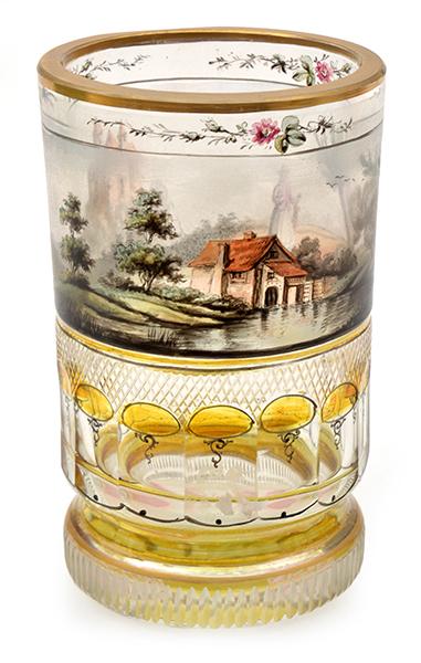 Appraisal: CONTINENTAL GLASS TUMBLER WITH HAND PAINTED SCENERY RIM GROUND DOWN