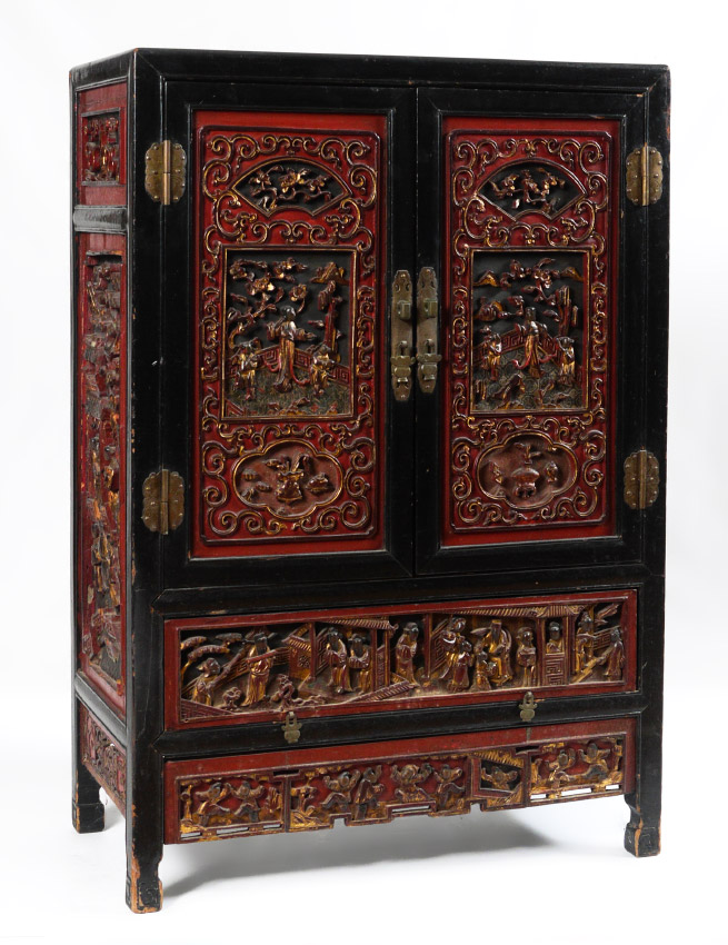 Appraisal: CHINESE RED LACQUERED AND GILT CUPBOARD doors over single full