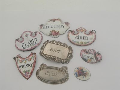 Appraisal: Five various enamelled copper wine labels a modern PORT wine