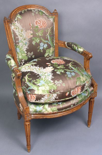 Appraisal: Pair of th Century French elegantly upholestered armchairs h x