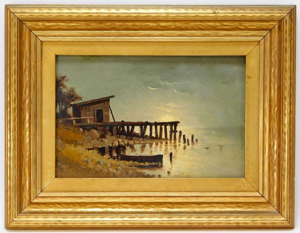 Appraisal: C American Coastal Dock Sunset Painting United States th Century