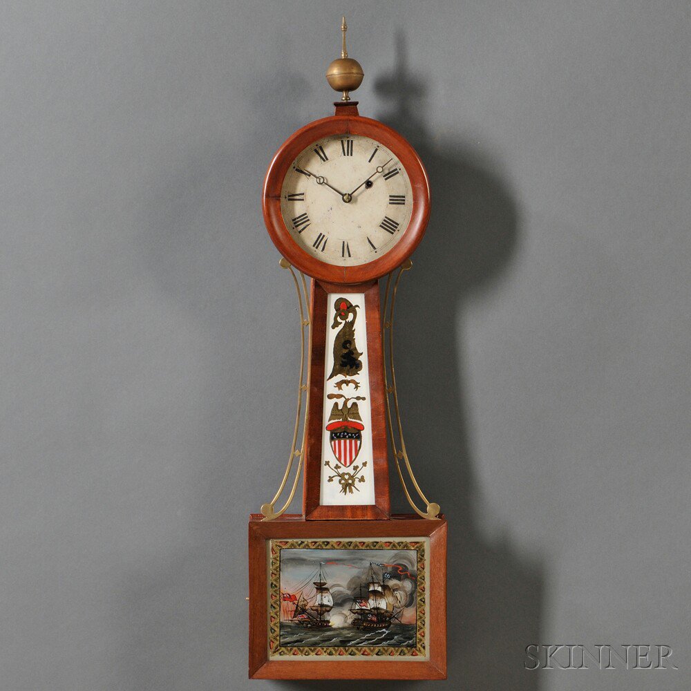 Appraisal: Mahogany Banjo or Patent Timepiece beveled mahogany frames enclose the