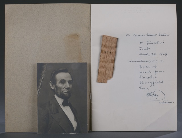 Appraisal: Abraham Lincoln Memorabilia Leaflet and piece of wood from Abraham