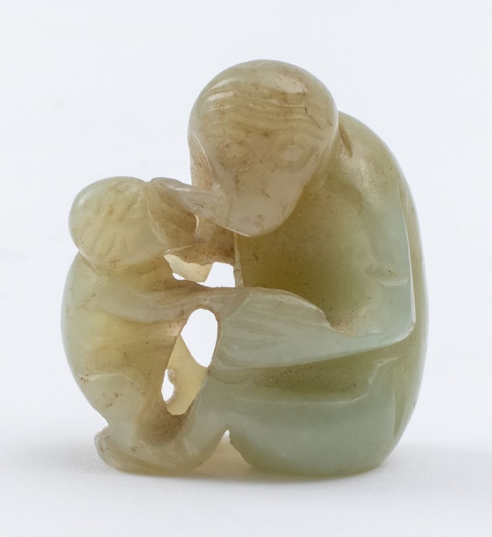 Appraisal: CHINESE JADE CARVING OF MOTHER AND BABY MONKEY Chinese jade