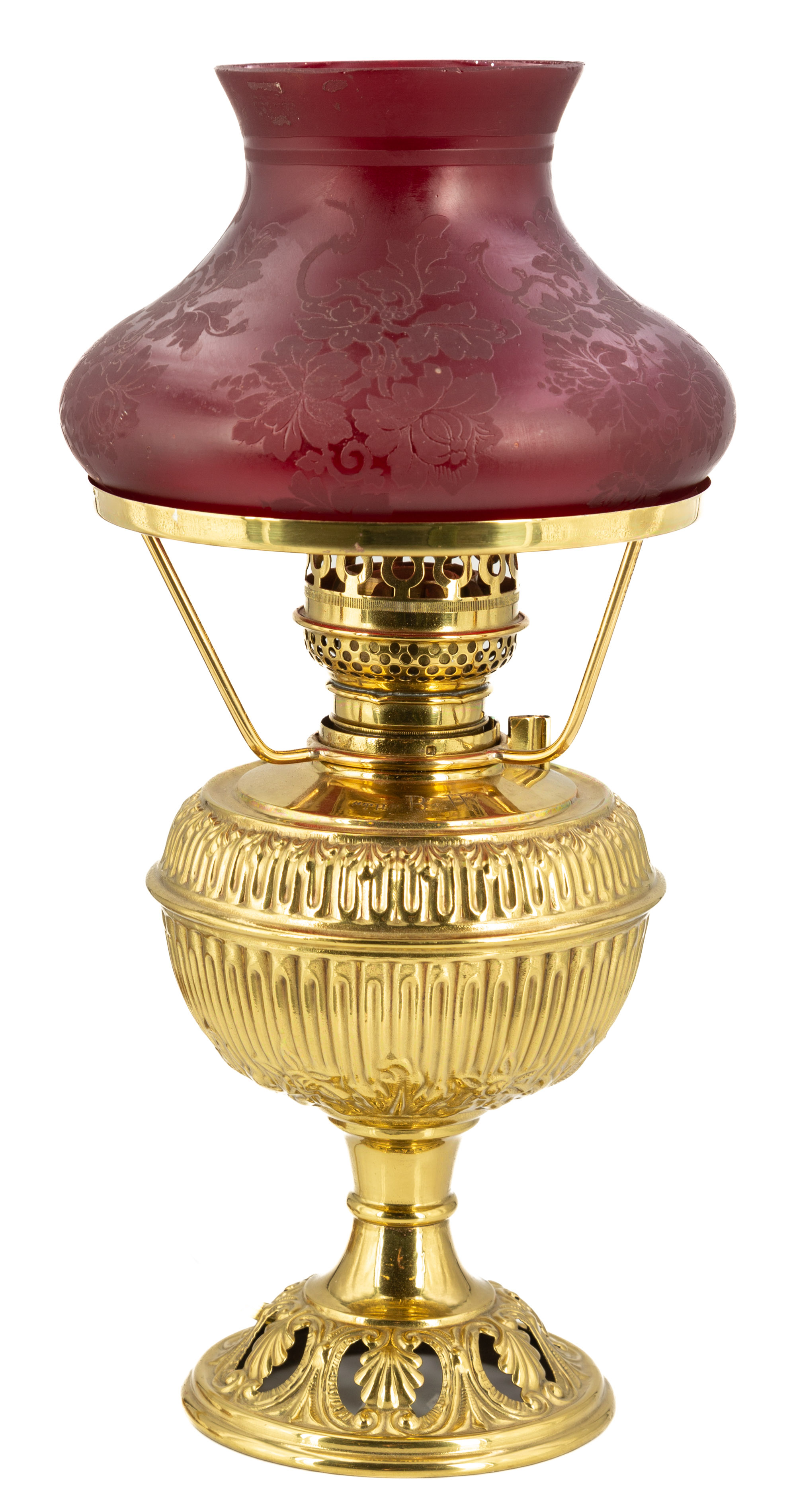 Appraisal: MINIATURE BRADLEY HUBBARD OIL LAMP WITH ACID ETCHED CRANBERRY SHADE