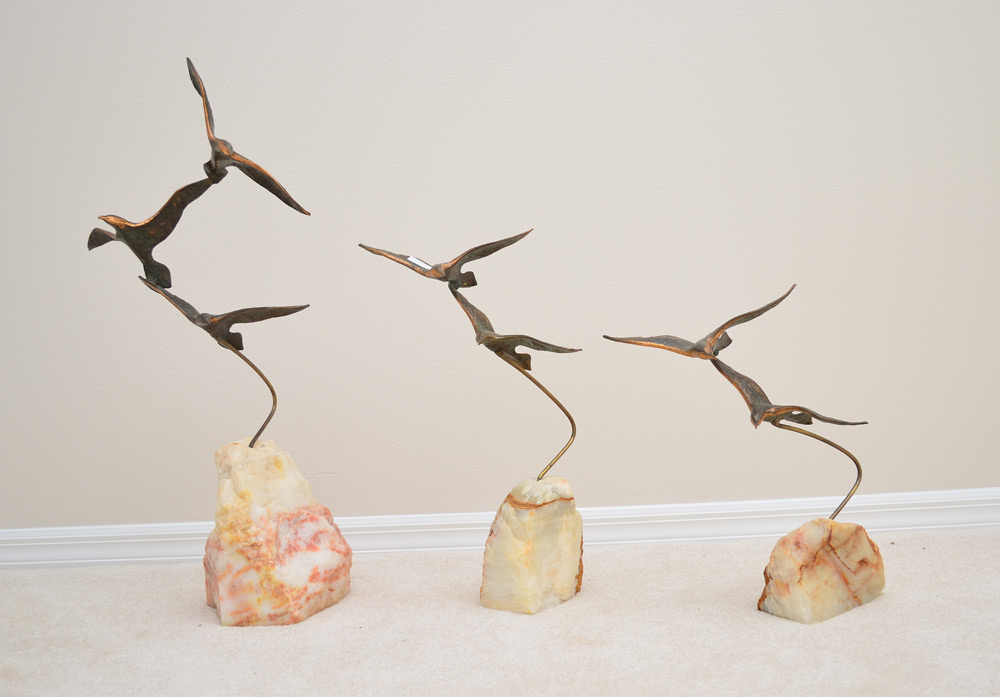 Appraisal: THREE PIECE TEJAY GULL PATINATED METAL QUARTZ SCULPTURES The largest