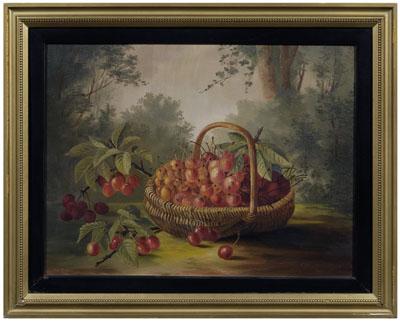 Appraisal: American School still life basket of cherries in a landscape