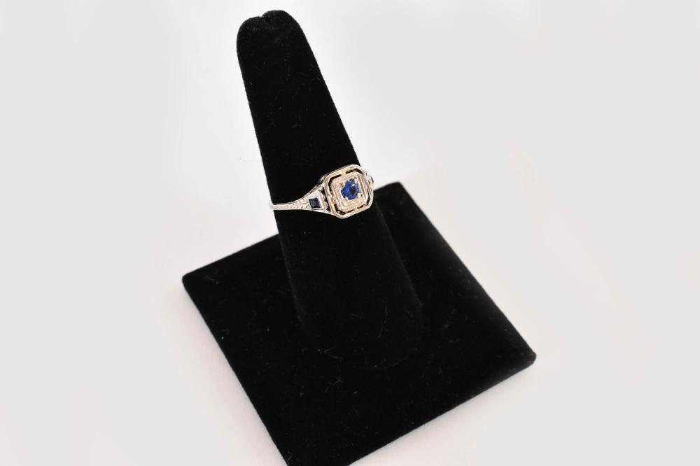 Appraisal: ANTIQUE KT GOLD AND SAPPHIRES FILIGREE RINGWhite Gold The square