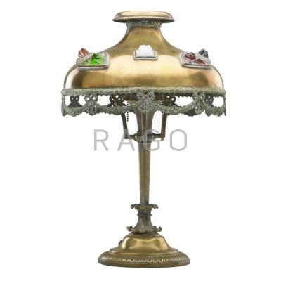 Appraisal: AUSTRIAN BRASS TABLE LAMP Glass jewel insets to shade early