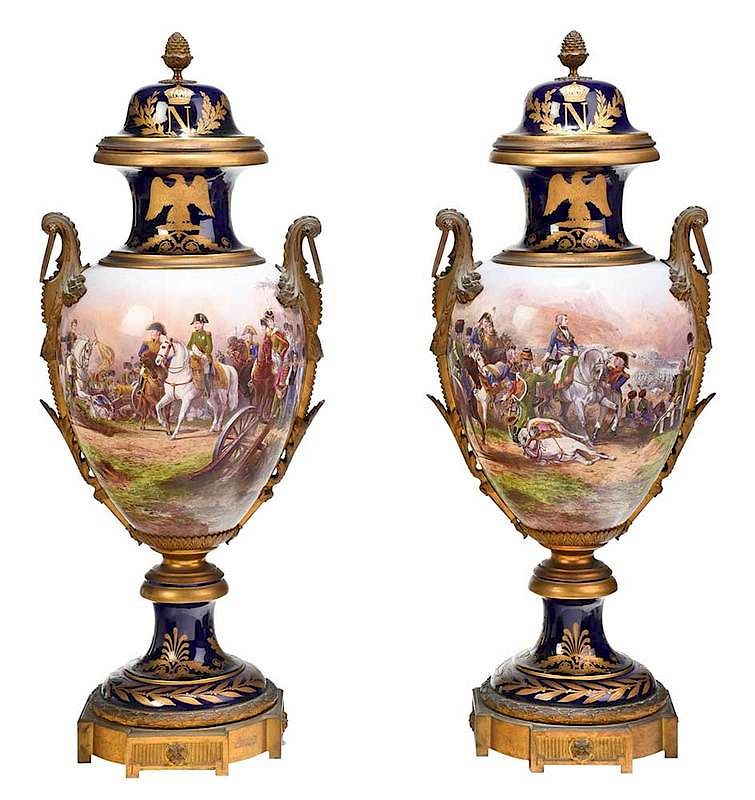 Appraisal: Pair Monumental Napoleonic Sevres Porcelain Urns French late th early