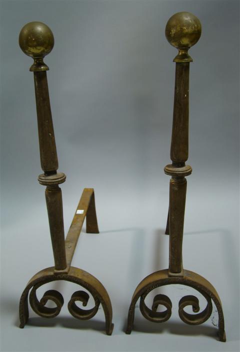 Appraisal: PAIR OF ANDIRONS AND FIRE SCREEN The andirons with ball