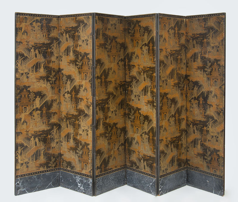 Appraisal: FRENCH WALLPAPER SIX-PANEL SCREEN Decorated with Chinoiserie landscape and figural