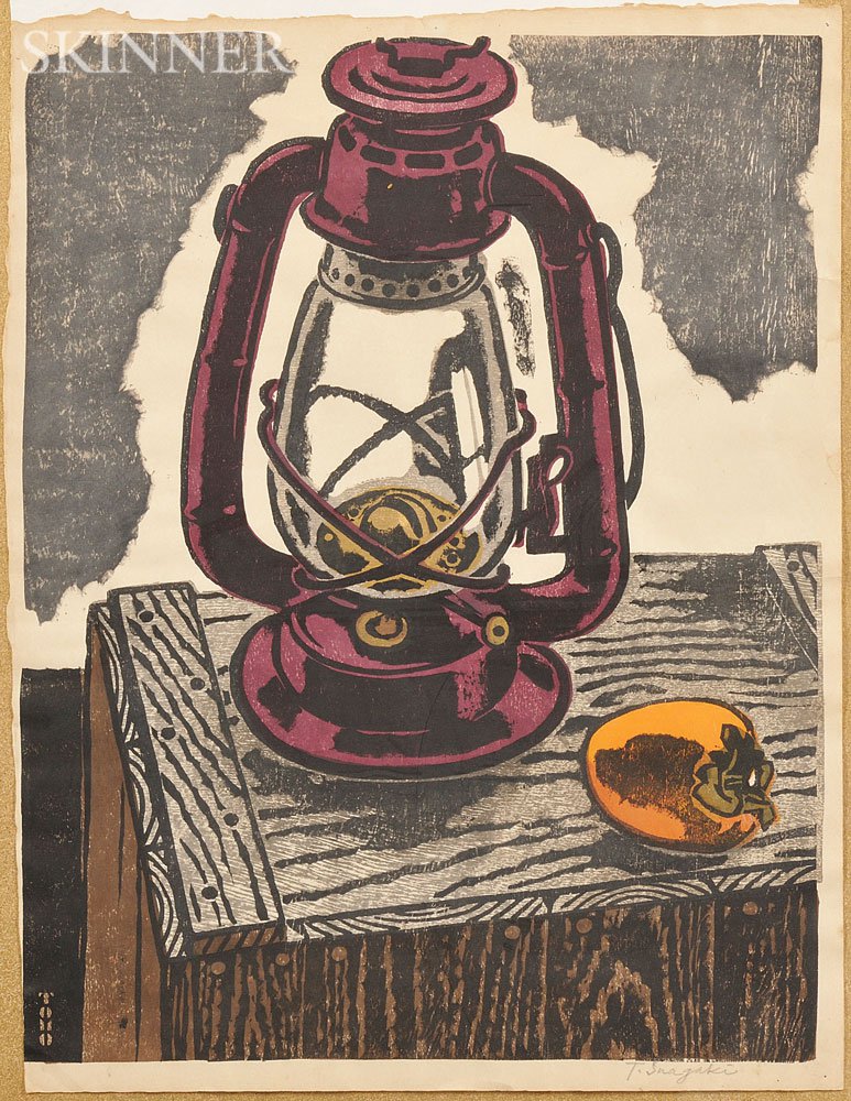 Appraisal: Modern Woodblock Print Japan depicting a lamp and a persimmon