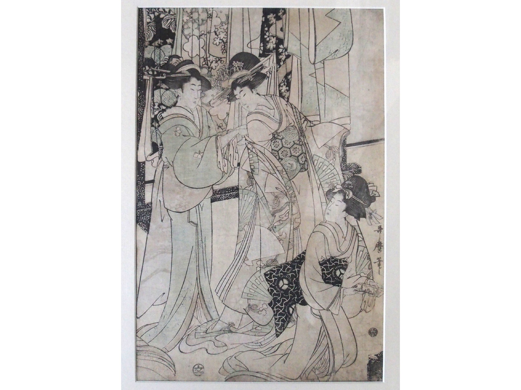 Appraisal: JAPANESE SCHOOL Geisha woodblock print Murdny Anemones signed oil on