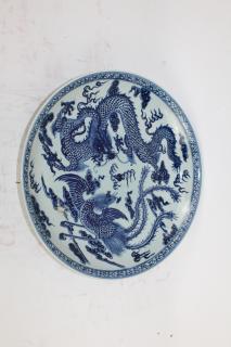 Appraisal: Chinese blue white porcelain charger with dragon phoenix dia